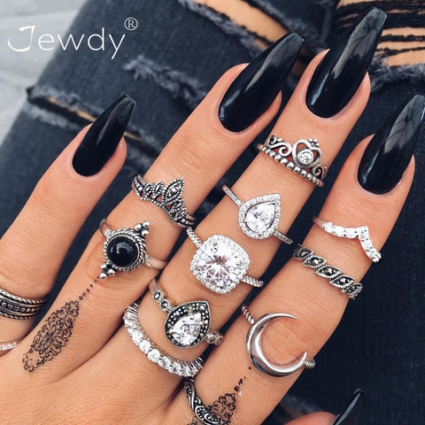 50 Styles Boho Punk Women Hollow Triangle Water Drop Arrow Sun Gem Crystal Silver Rings Set Personality Girl Jewelry Accessories