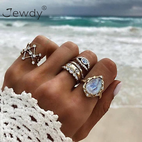 50 Styles Boho Punk Women Hollow Triangle Water Drop Arrow Sun Gem Crystal Silver Rings Set Personality Girl Jewelry Accessories