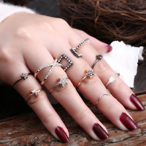 50 Styles Boho Punk Women Hollow Triangle Water Drop Arrow Sun Gem Crystal Silver Rings Set Personality Girl Jewelry Accessories