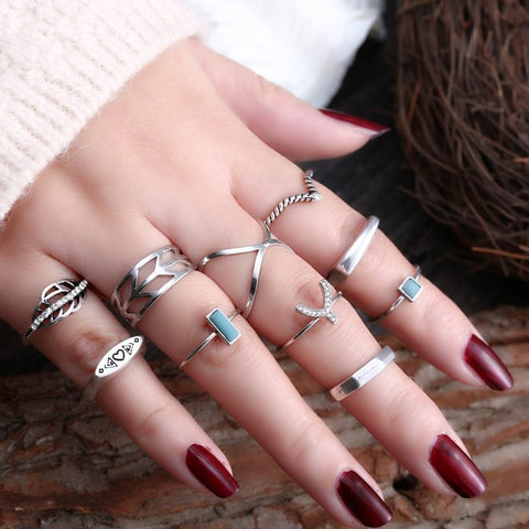 50 Styles Boho Punk Women Hollow Triangle Water Drop Arrow Sun Gem Crystal Silver Rings Set Personality Girl Jewelry Accessories