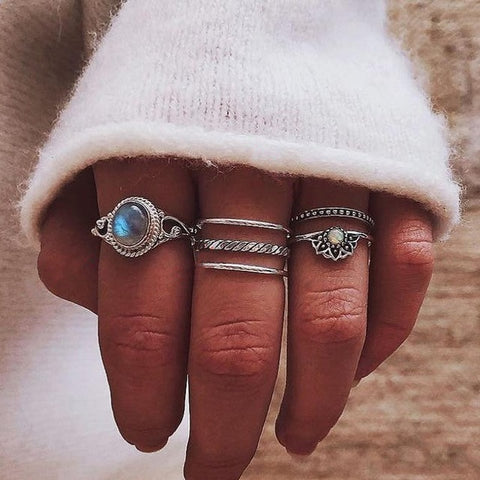 50 Styles Boho Punk Women Hollow Triangle Water Drop Arrow Sun Gem Crystal Silver Rings Set Personality Girl Jewelry Accessories