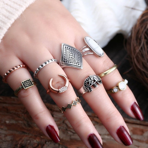 50 Styles Boho Punk Women Hollow Triangle Water Drop Arrow Sun Gem Crystal Silver Rings Set Personality Girl Jewelry Accessories