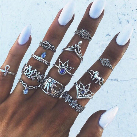 50 Styles Boho Punk Women Hollow Triangle Water Drop Arrow Sun Gem Crystal Silver Rings Set Personality Girl Jewelry Accessories