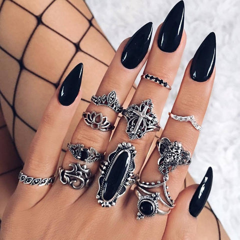 50 Styles Boho Punk Women Hollow Triangle Water Drop Arrow Sun Gem Crystal Silver Rings Set Personality Girl Jewelry Accessories