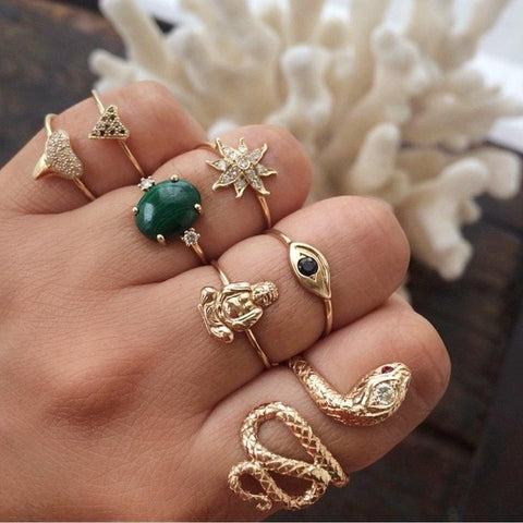 50 Styles Boho Punk Women Hollow Triangle Water Drop Arrow Sun Gem Crystal Silver Rings Set Personality Girl Jewelry Accessories