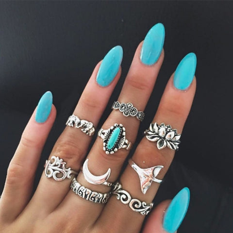 50 Styles Boho Punk Women Hollow Triangle Water Drop Arrow Sun Gem Crystal Silver Rings Set Personality Girl Jewelry Accessories