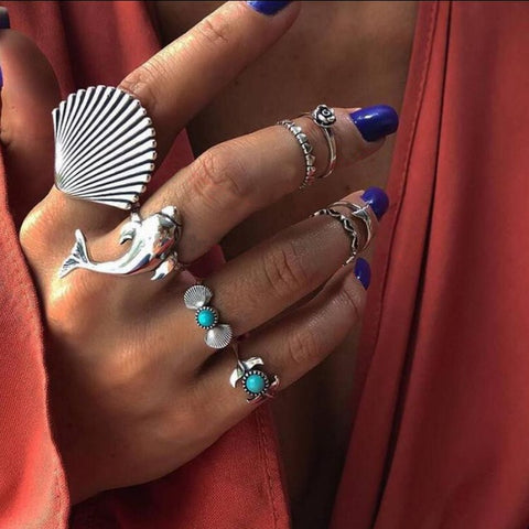 50 Styles Boho Punk Women Hollow Triangle Water Drop Arrow Sun Gem Crystal Silver Rings Set Personality Girl Jewelry Accessories