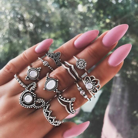 50 Styles Boho Punk Women Hollow Triangle Water Drop Arrow Sun Gem Crystal Silver Rings Set Personality Girl Jewelry Accessories