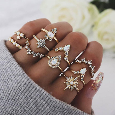 50 Styles Boho Punk Women Hollow Triangle Water Drop Arrow Sun Gem Crystal Silver Rings Set Personality Girl Jewelry Accessories