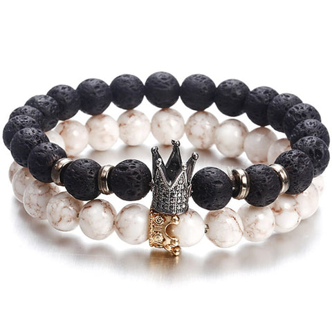 Hot Trendy Lava Stone Pave CZ Imperial Crown And Helmet Charm Bracelet For Men Or Women Bracelet Jewelry WHITE NOT STONE NS63