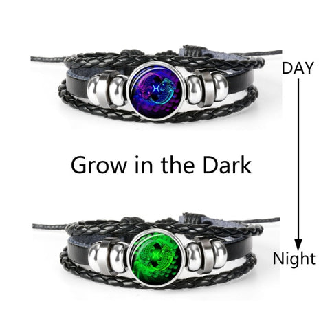 12 Constellation Zodiac Sign Black Braided Leather Bracelet Cancer Leo Virgo Libra Woven Glass Dome Jewelry Punk Men Bracelet